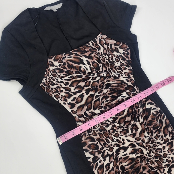 WOMENS RED HERRING US 6 UK10  BLACK MIX LEOPARD PRINT STRETCH BODYCON MIDI DRESS - Picture 7 of 10